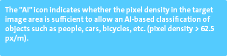 The "AI" icon indicates whether the pixel density in the target image area is sufficient to allow an AI-based classification of objects such as people, cars, bicycles, etc. (pixel density > 62.5 px/m). 